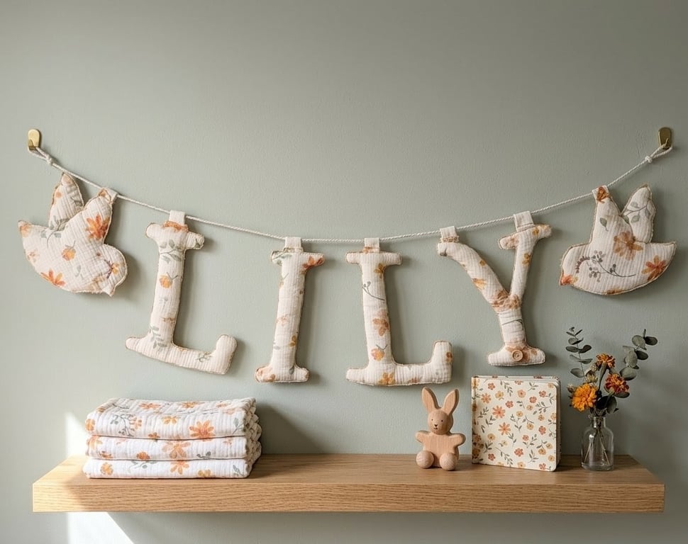 Personalised Floral Name Garland - Fabric Dove Nursery Decor - Muslin Baby Gift