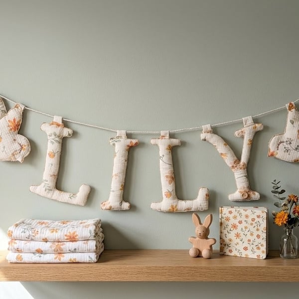 Personalised Floral Name Garland - Fabric Dove Nursery Decor - Muslin Baby Gift