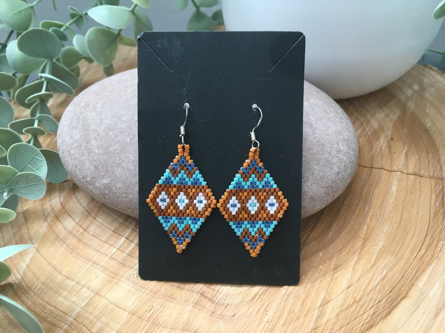 Hand beaded aztec design diamond shape dangle earrings 