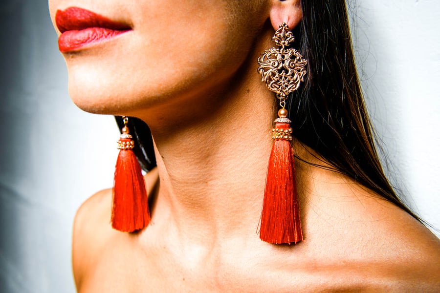 Majestic Scarlet red and rose gold bohemian glam tassel earrings