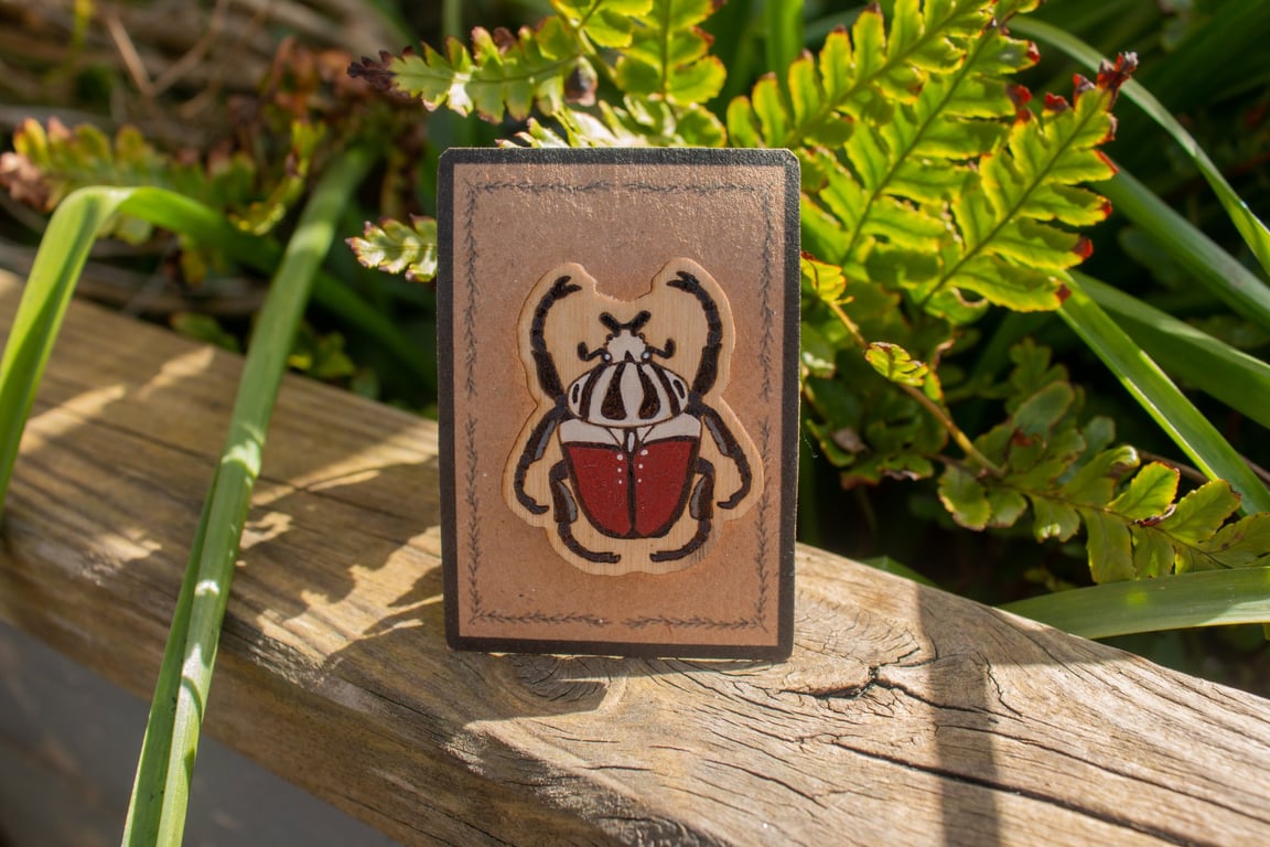 Goliath Beetle Wooden Pin Badge – Hand-Painted Insect Brooch for Nature Lovers