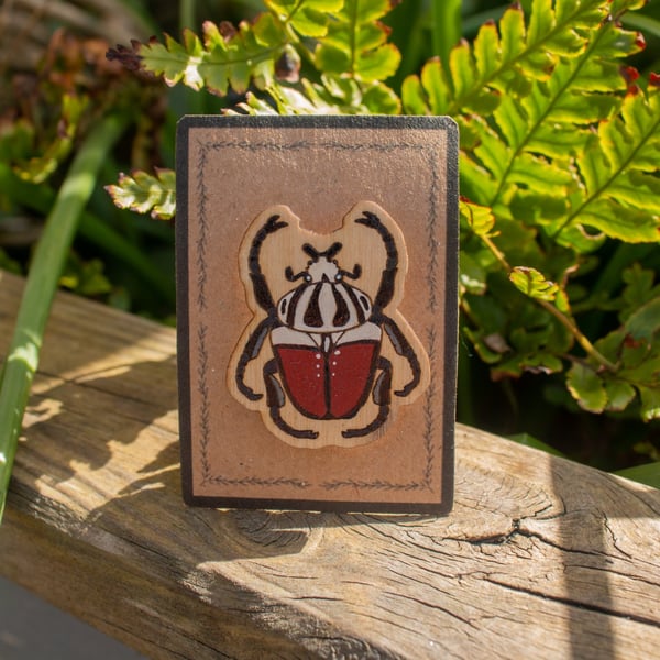 Goliath Beetle Wooden Pin Badge – Hand-Painted Insect Brooch for Nature Lovers