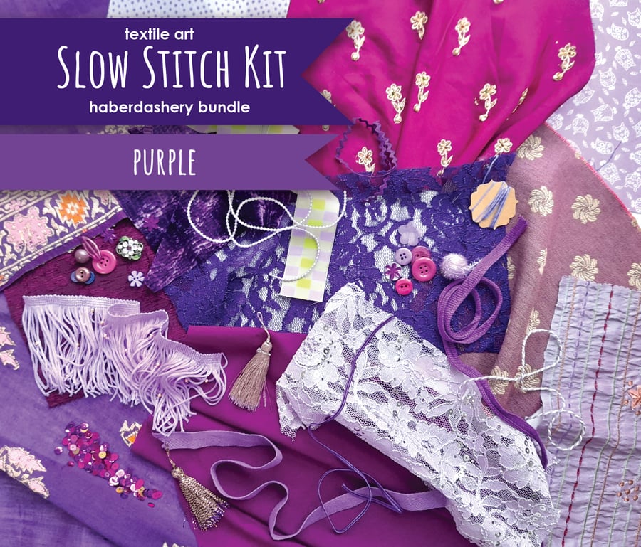 Slow stitching kit - purple theme. Fabric remnants, fabric bundle