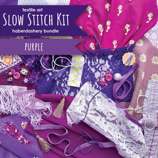 Slow stitching kit - purple theme. Fabric remnants, fabric bundle