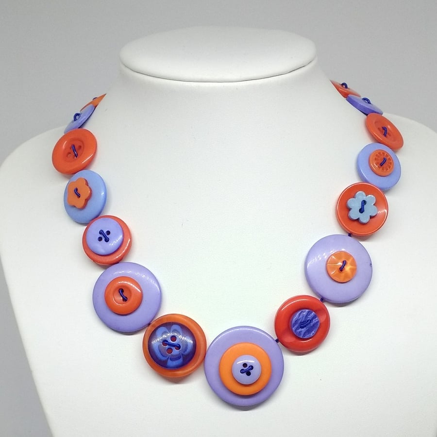Light Blue and Coral Fancy Button Necklace