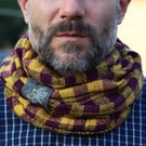 Hand woven unisex check cowl in yellow and purple with an embroidered dragonfly