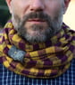Hand woven unisex check cowl in yellow and purple with an embroidered dragonfly - Image 1