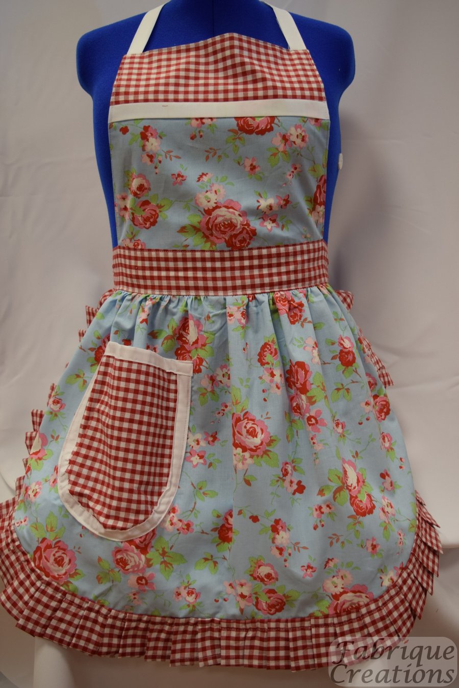 50s Style Full Apron - Cath Kidston - Pale Blue with Roses & Red & White Trim