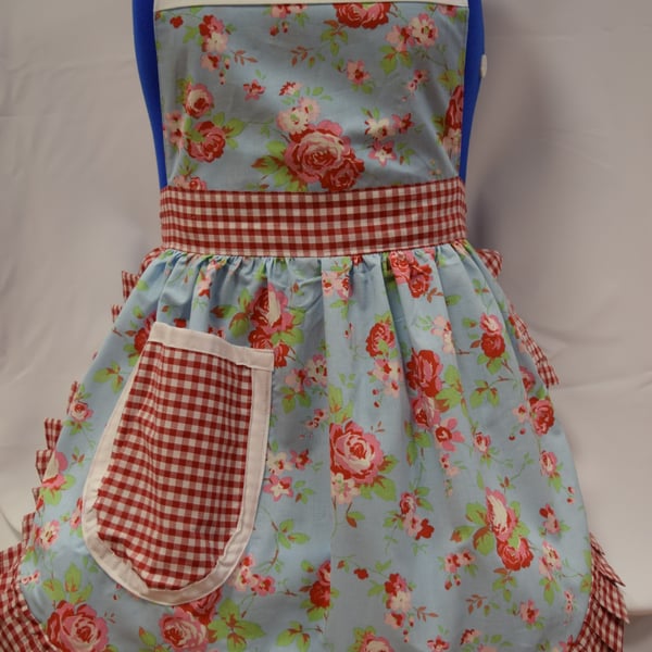 50s Style Full Apron - Cath Kidston - Pale Blue with Roses & Red & White Trim
