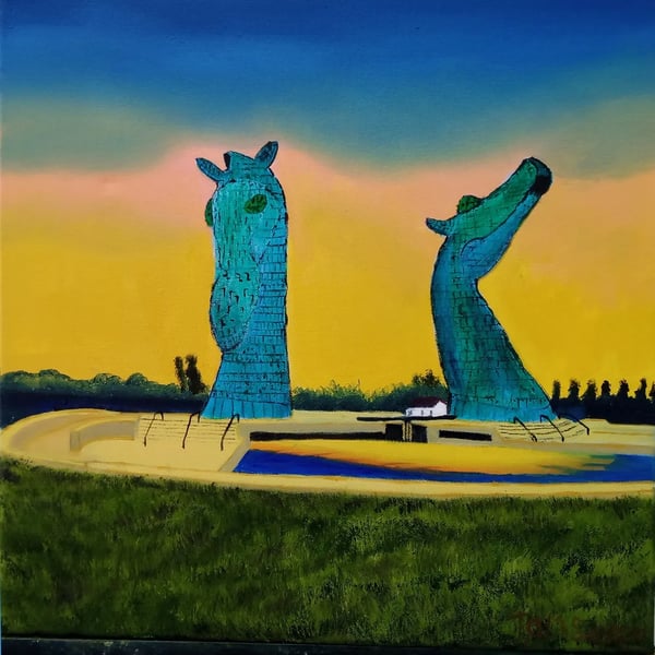 Original Painting, Kelpies at Sunset, Wall art, Oil Painting on canvas