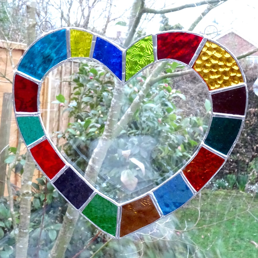 Stained Glass Open Heart Suncatcher Handmade Hanging Decoration - Multi  