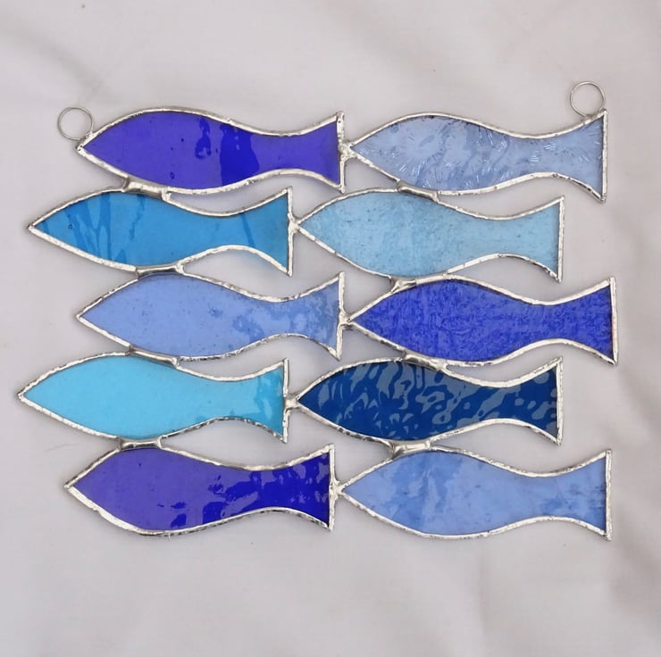 Stained Glass Shoal of 10 Fish Suncatcher Blu... Folksy