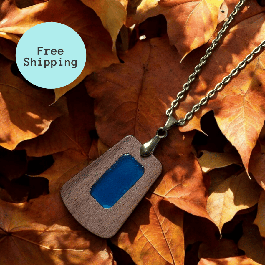 Blue Resin Encased in Wood Pendant - Minimalist Design with Brass Chain