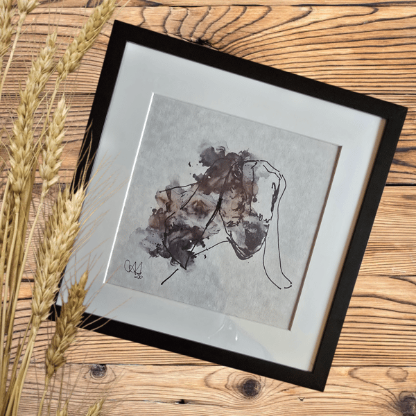 Handdrawn watercolour Art: Goat in Black Frame (8x8")