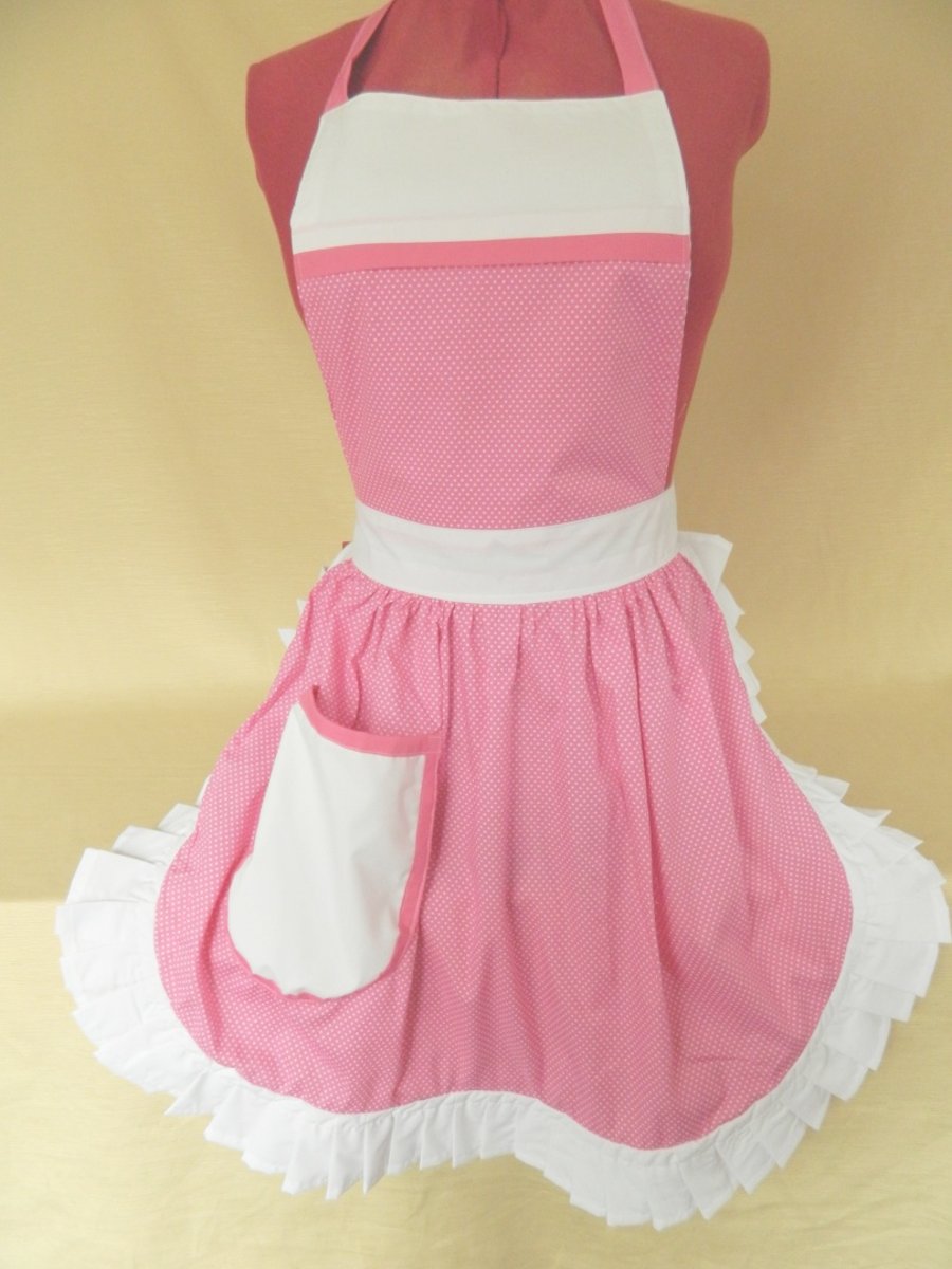 Vintage 50s Style Full Apron Pinny - Pink & White Polka Dot with White Trim