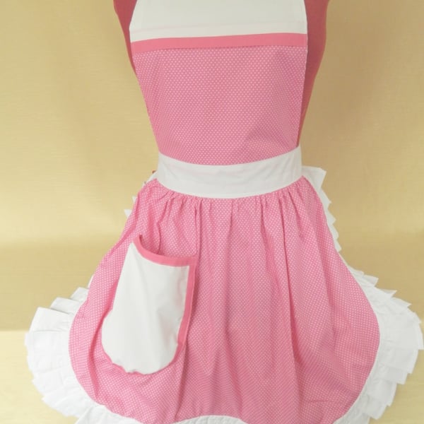 Vintage 50s Style Full Apron Pinny - Pink & White Polka Dot with White Trim