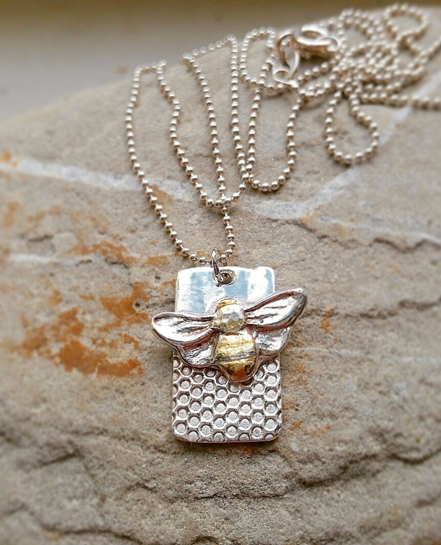 Silver and Gold Bee necklace. Golden honeybee ,