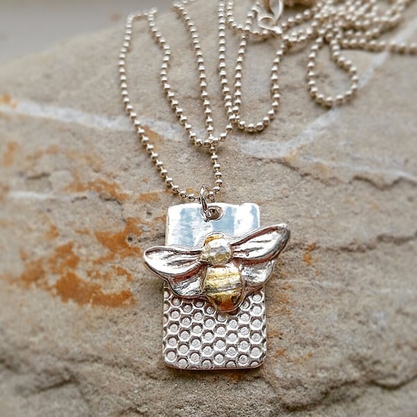 Silver and Gold Bee necklace. Golden honeybee ,