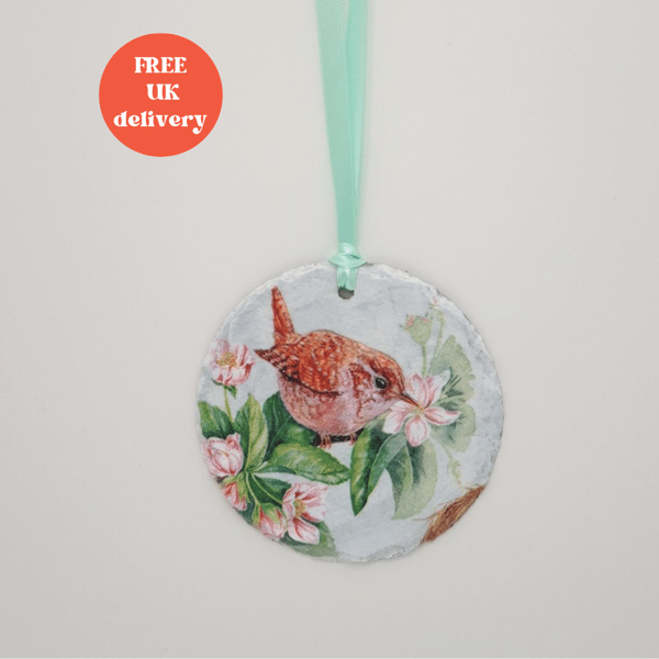 Wren, bird hanging decoration,  slate gift for a bird lover