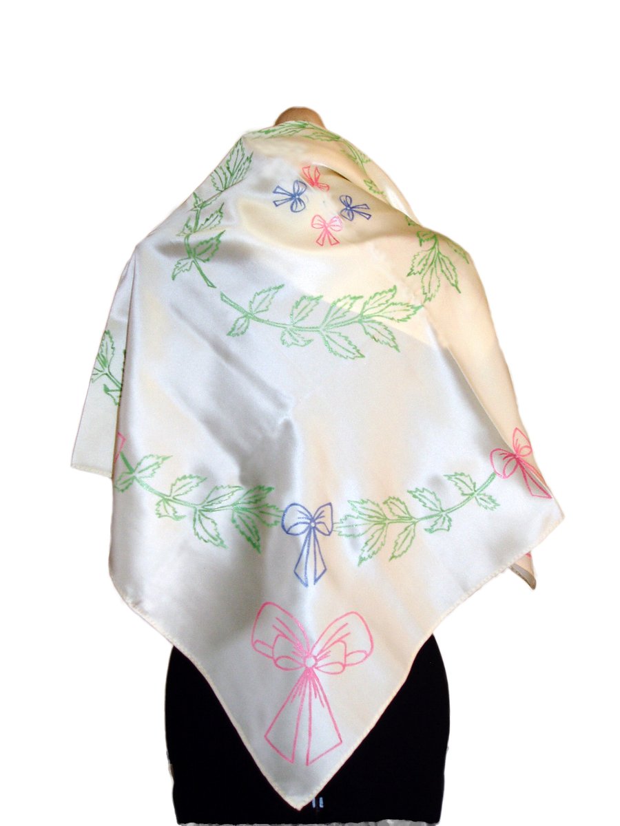 Bow and leaf hand painted square silk scarf