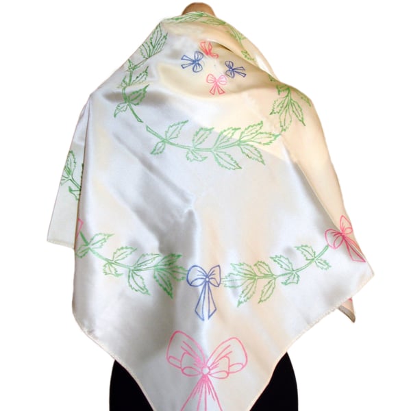 Bow and leaf hand painted square silk scarf