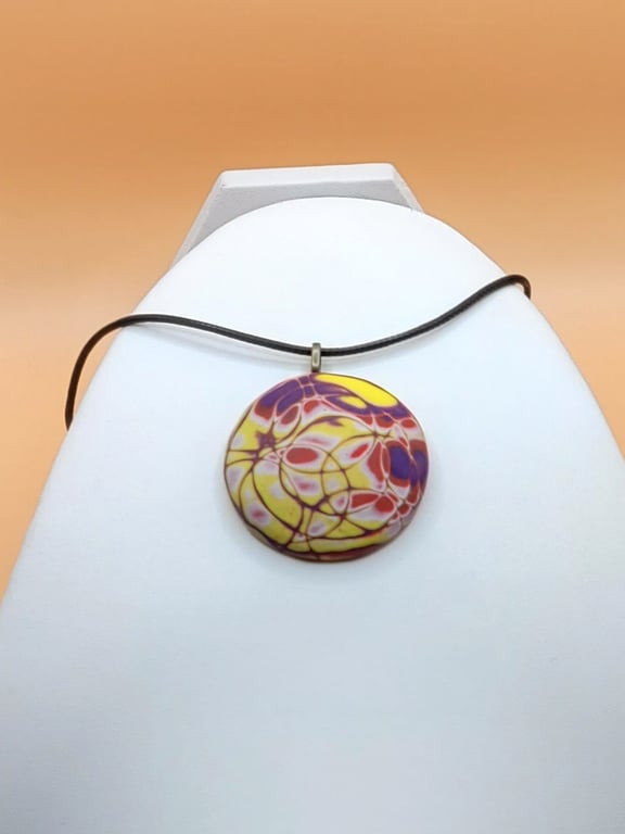 Polymer clay pendant necklace handmade jewellery 40 mm convex