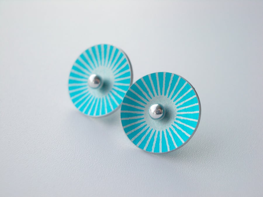 Circle studs in turquoise and silver with sunburst print