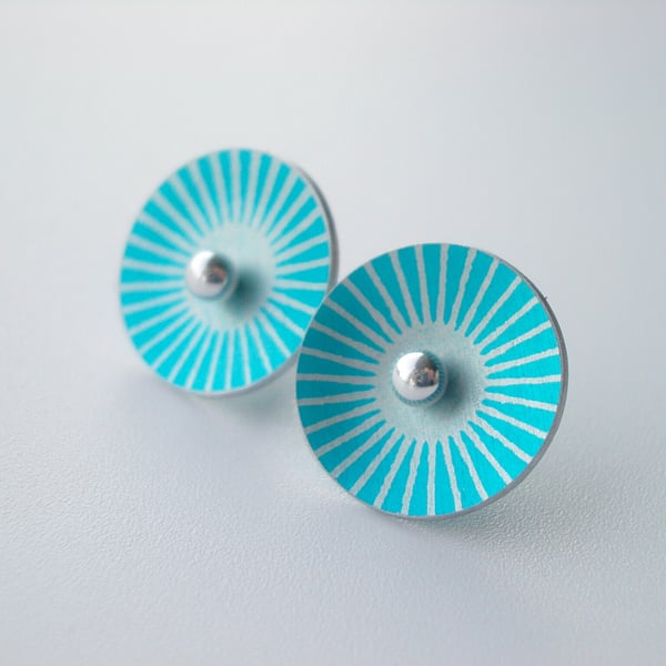 Circle studs in turquoise and silver with sunburst print