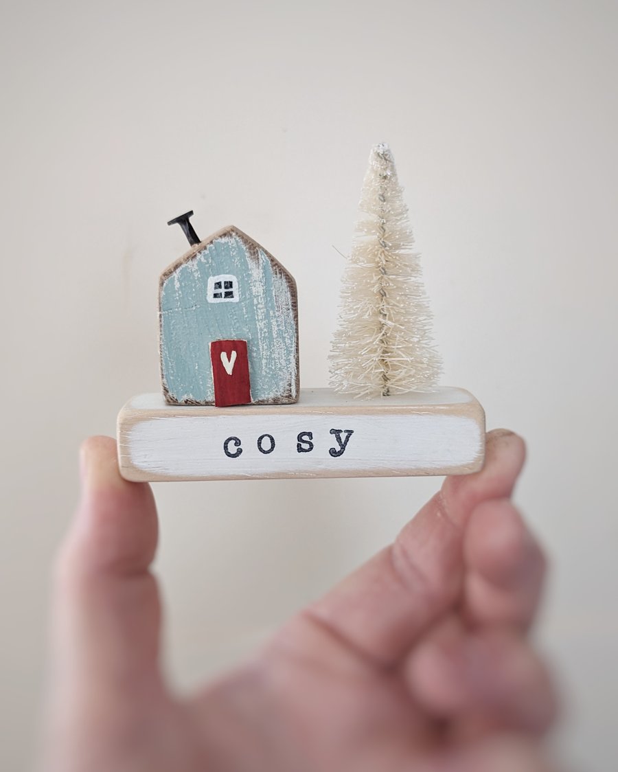 Little Wooden Handmade House in a Bag with Christmas Tree 'Cosy' 