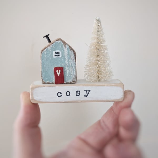 Little Wooden Handmade House in a Bag with Christmas Tree 'Cosy' 