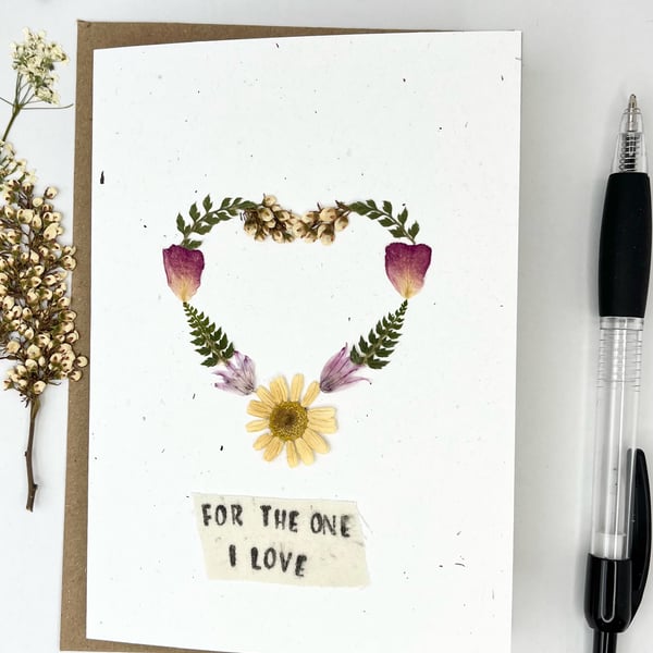 Handmade Real Pressed Flower Heart, Valentine's, Anniversary, Birthday Card 