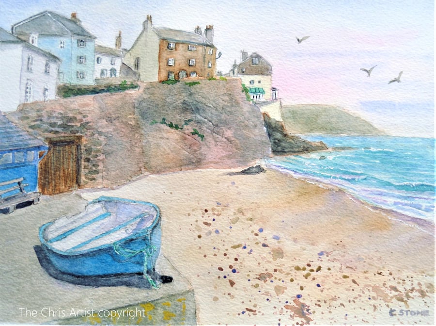 The Beach at Cawsand, Rame Peninsula, Cornwall, original watercolour painting