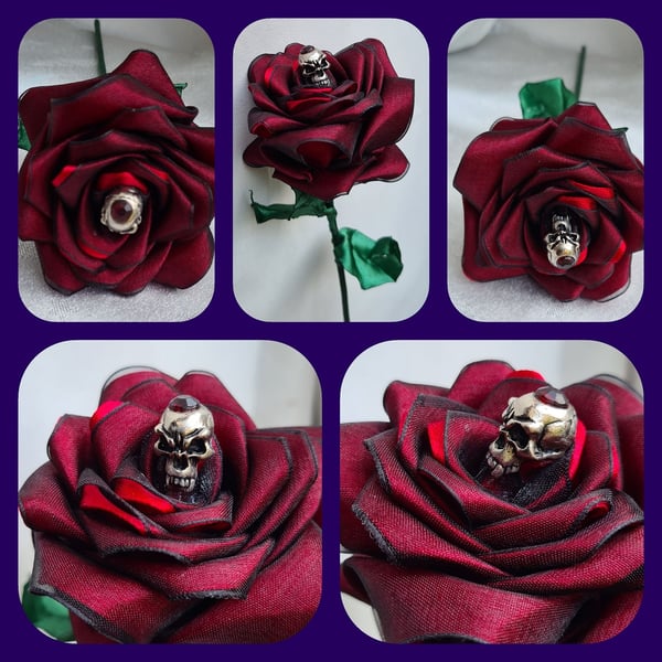 The Vampire Skull Ribbon Rose - Long Stem Artificial Flower Gift.