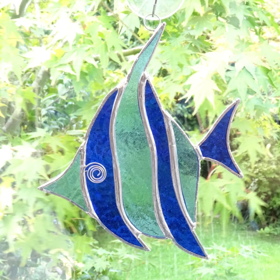 Stained Glass Angel Fish Suncatcher - Handmade Decoration - Blue