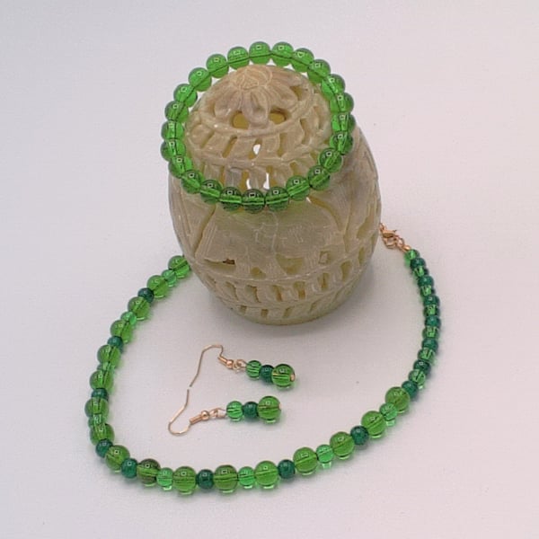 Green Glass Bead Necklace Stretch Bracelet and Earrings, Gift for Her, Gift Set