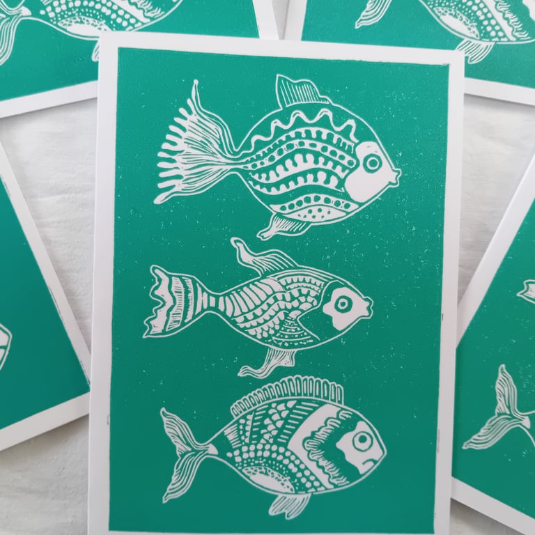 Perfectly Imperfect Linocut Printed Fish Card Sea Green