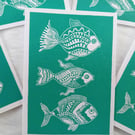 Perfectly Imperfect Linocut Printed Fish Card Sea Green