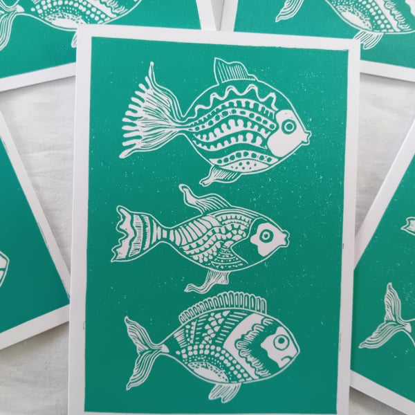 Perfectly Imperfect Linocut Printed Fish Card Sea Green