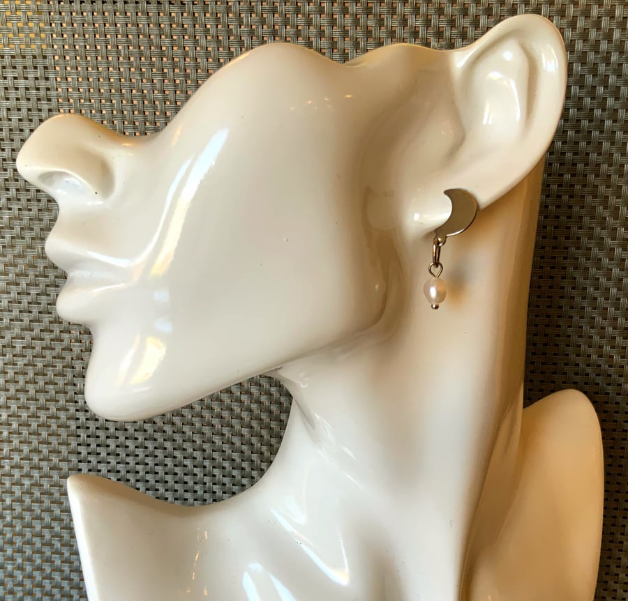 Crescent Moon & Pearl Stud  Earrings