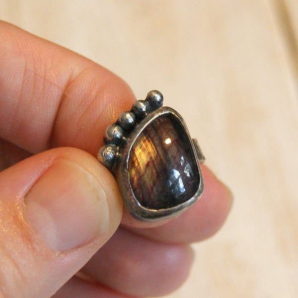 Labradorite Boho Ring,Rustic Jewellery, Hammered Silver Ring