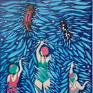 Sea swimmers original linoprint