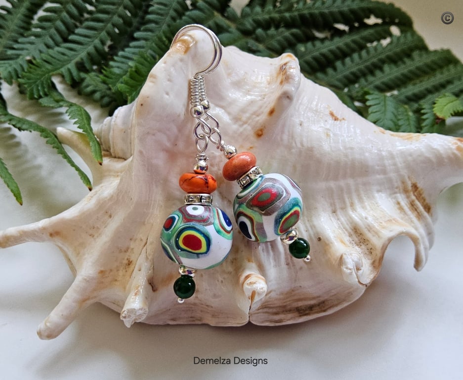 Hand Made Polymer Clay Beads, Agate & Howlite Earings.