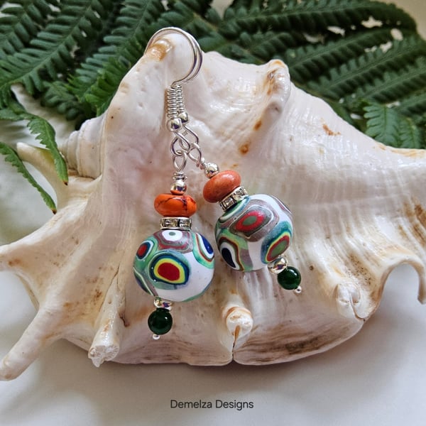 Hand Made Polymer Clay Beads, Agate & Howlite Earings.