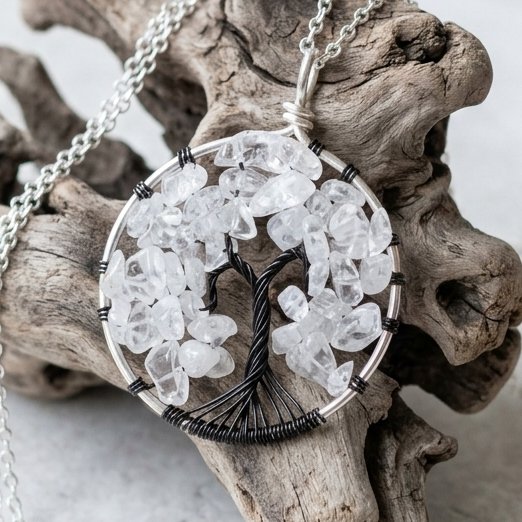 Clear Quartz Wire Tree Of Life Necklace