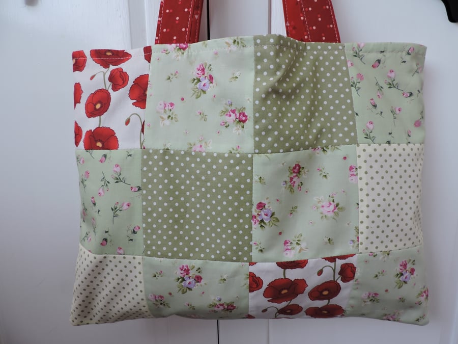 SALE now 5.00  Patchwork Tote Bag Red Green and Pink