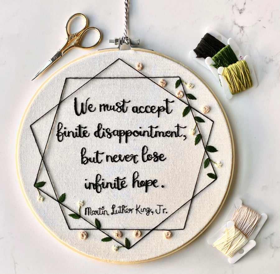 Personalised Quote, Handmade Embroidery Hoop with Geometric and Leaf Detailing