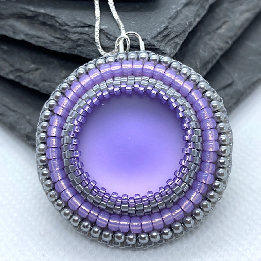 Sterling Silver Lilac and Grey Bead Embroidery Necklace