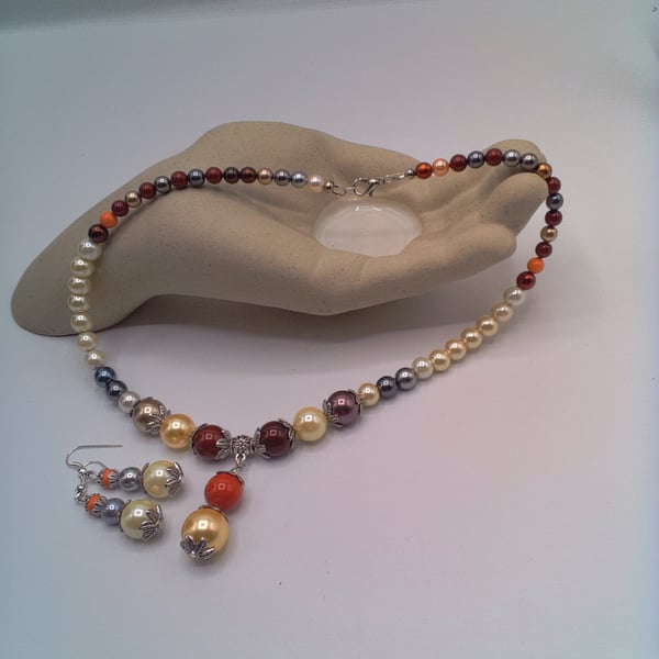 Multi Autumnal Colours Pearl Necklace and Earrings Set, Gift for Her, Gift Set