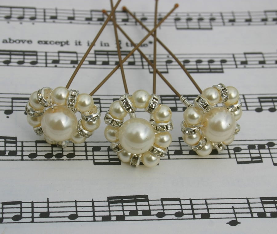 Ivory Pearls & clear swarovski hair pins Brides, Bridesmaids, Proms, set of 3