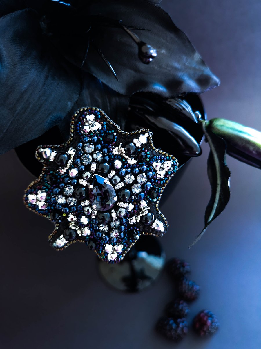 Northern Star Swarovski crystal embellished beaded Black silver and blue brooch